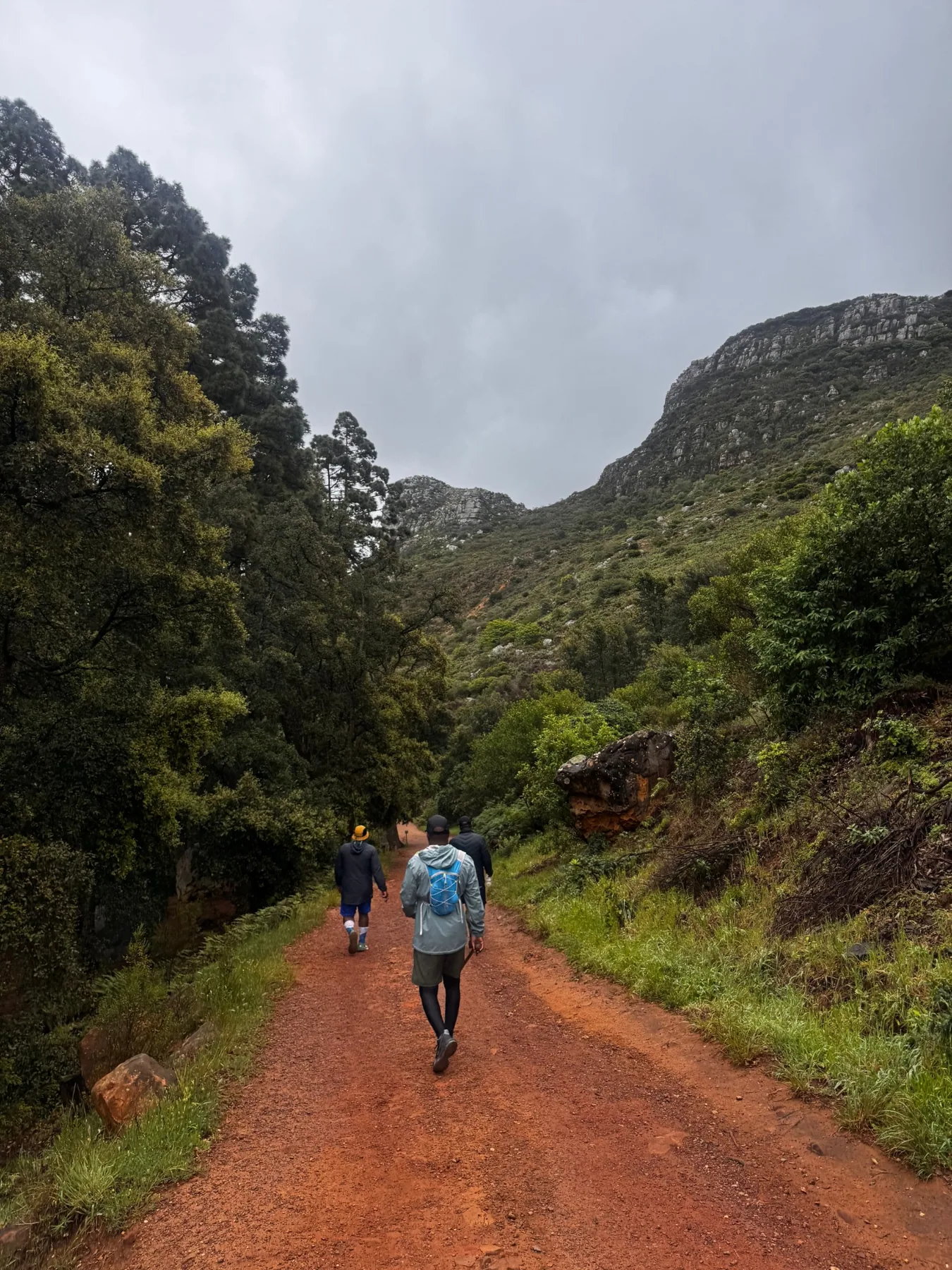 Hikers walking down a red mountain track